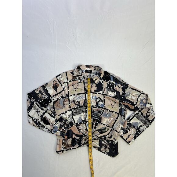 MILK & HONEY Long Sleeve Blouse 90s Hat Lady’s Print Ruched Waist Rayon Women M - Picture 8 of 9